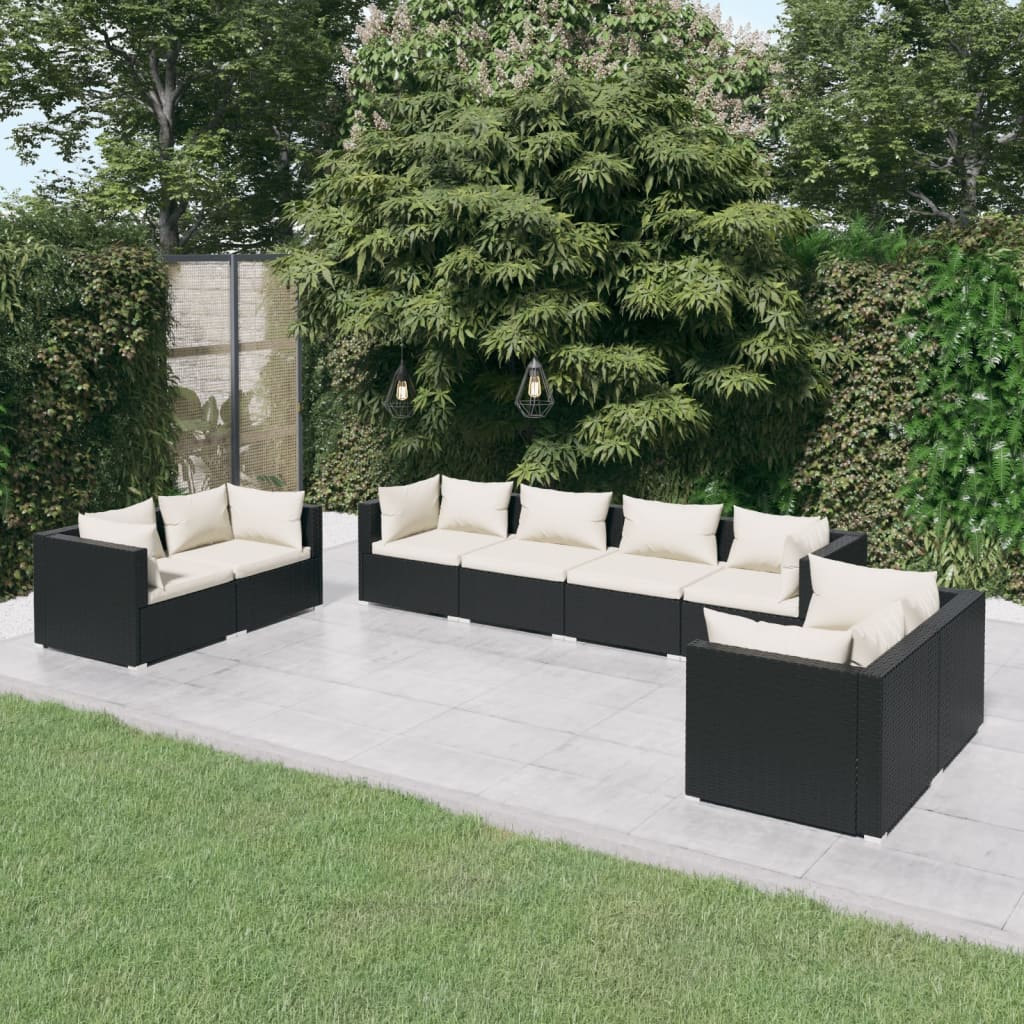 Vetonek Set de muebles de jardín 8 pzas y cojines ratán sintético negro