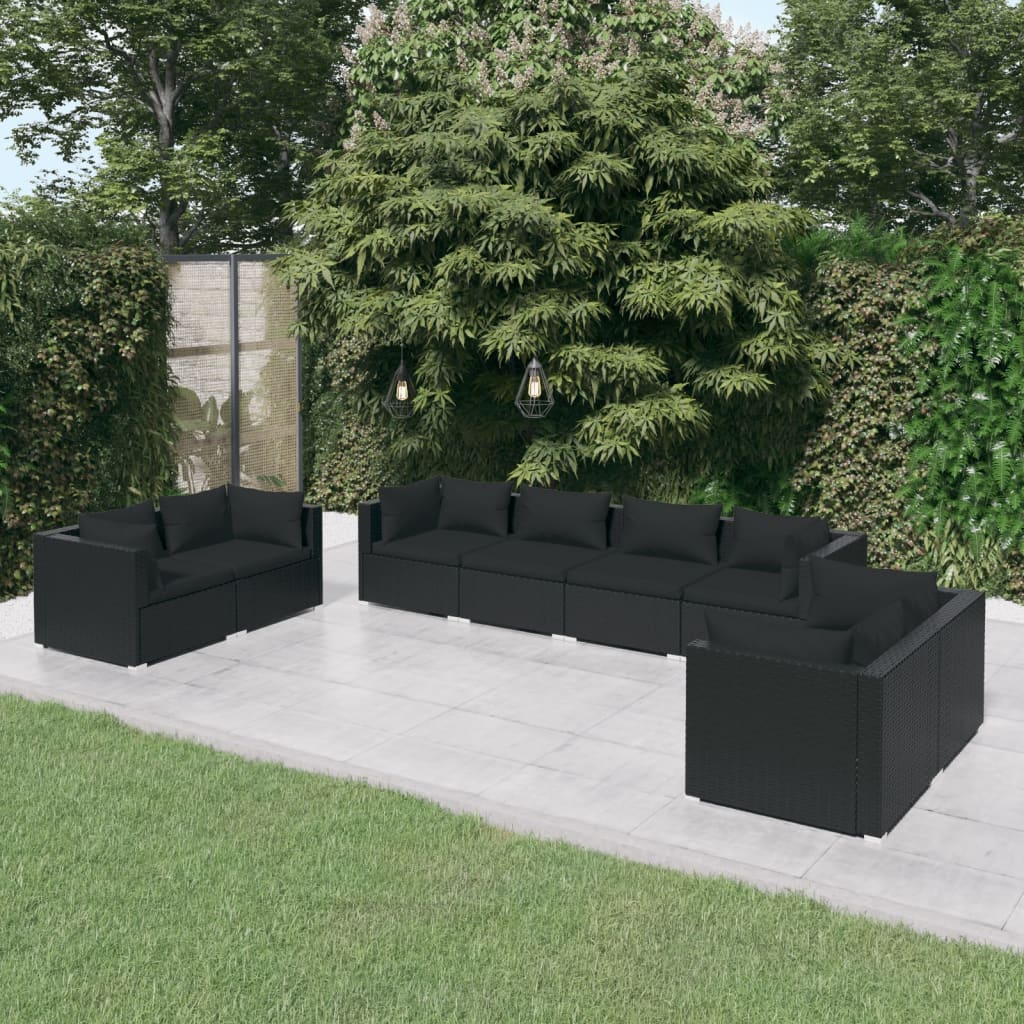 Vetonek Set de muebles de jardín 8 pzas y cojines ratán sintético negro