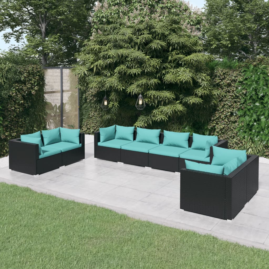 Vetonek Set de muebles de jardín 8 pzas y cojines ratán sintético negro