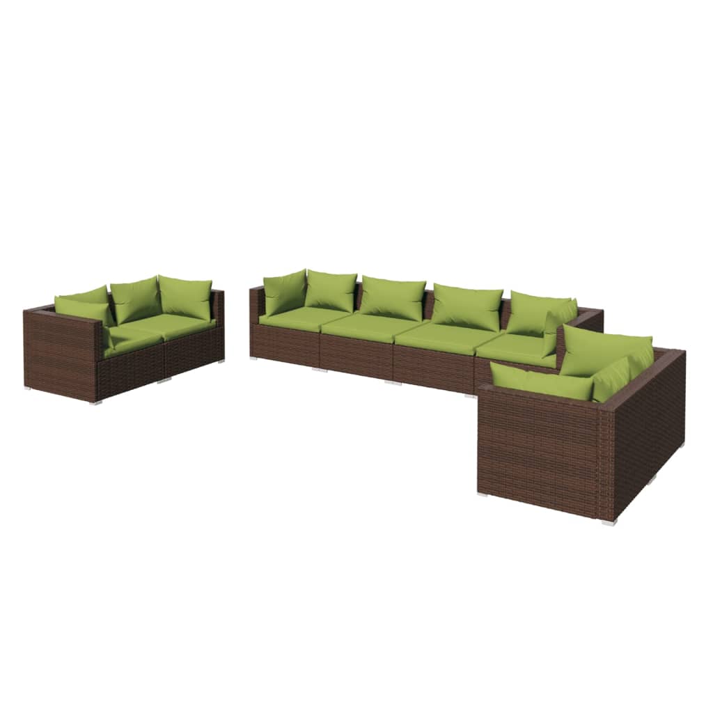 Set muebles de jardín 8 piezas y cojines ratán sintético marrón