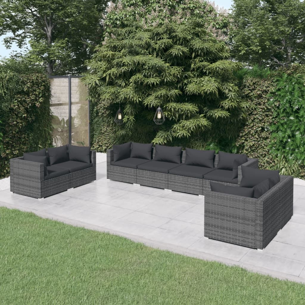 Vetonek Set de muebles de jardín 8 pzas y cojines ratán sintético gris