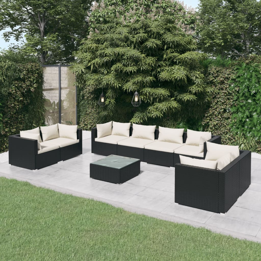 Vetonek Set de muebles de jardín 9 pzas y cojines ratán sintético negro