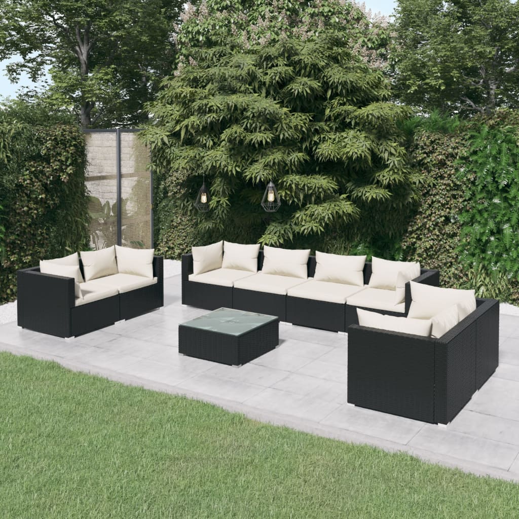 Set de muebles de jardín 9 pzas y cojines ratán sintético negro v9913 Vetonek