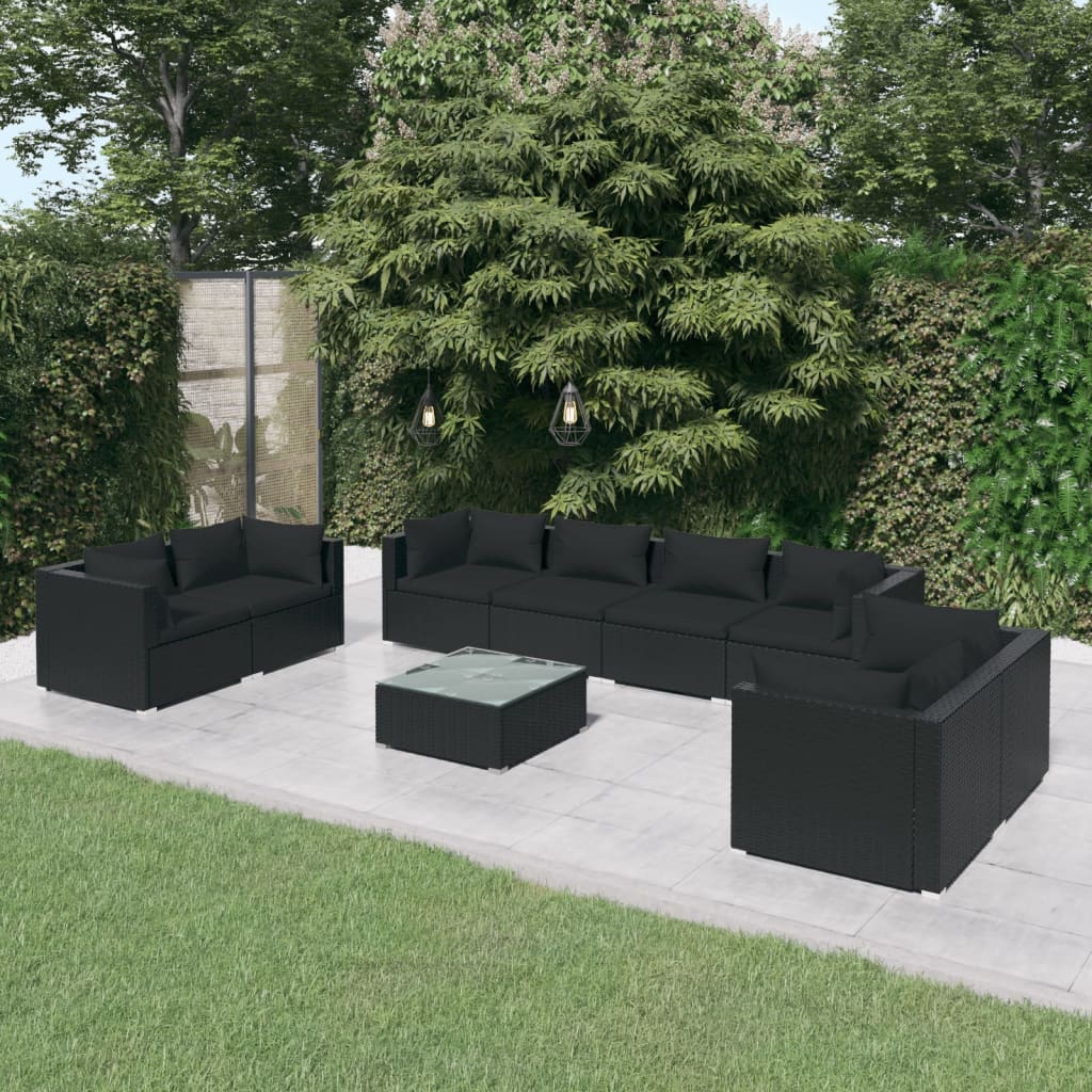 Vetonek Set de muebles de jardín 9 pzas y cojines ratán sintético negro