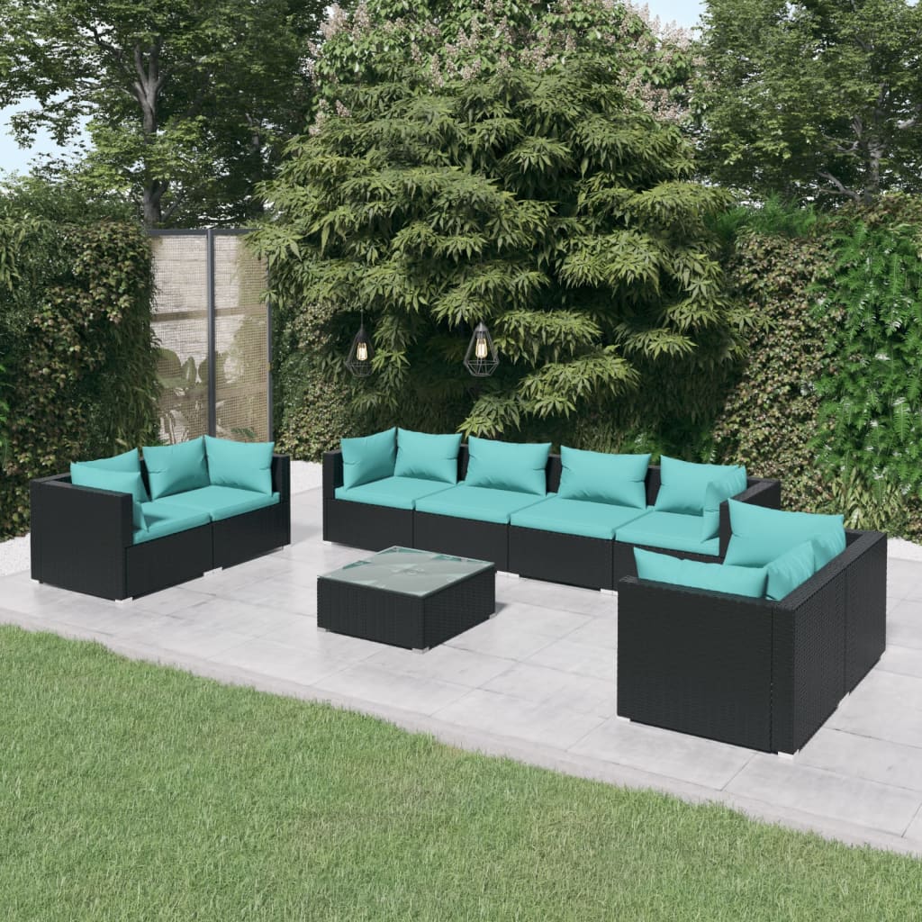 Set de muebles de jardín 9 pzas y cojines ratán sintético negro v9937 Vetonek
