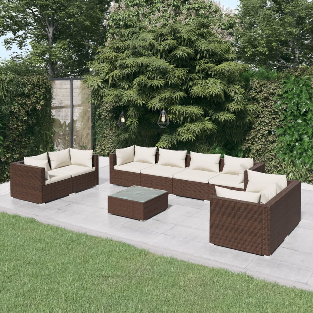 Vetonek Set muebles de jardín 9 piezas y cojines ratán sintético marrón