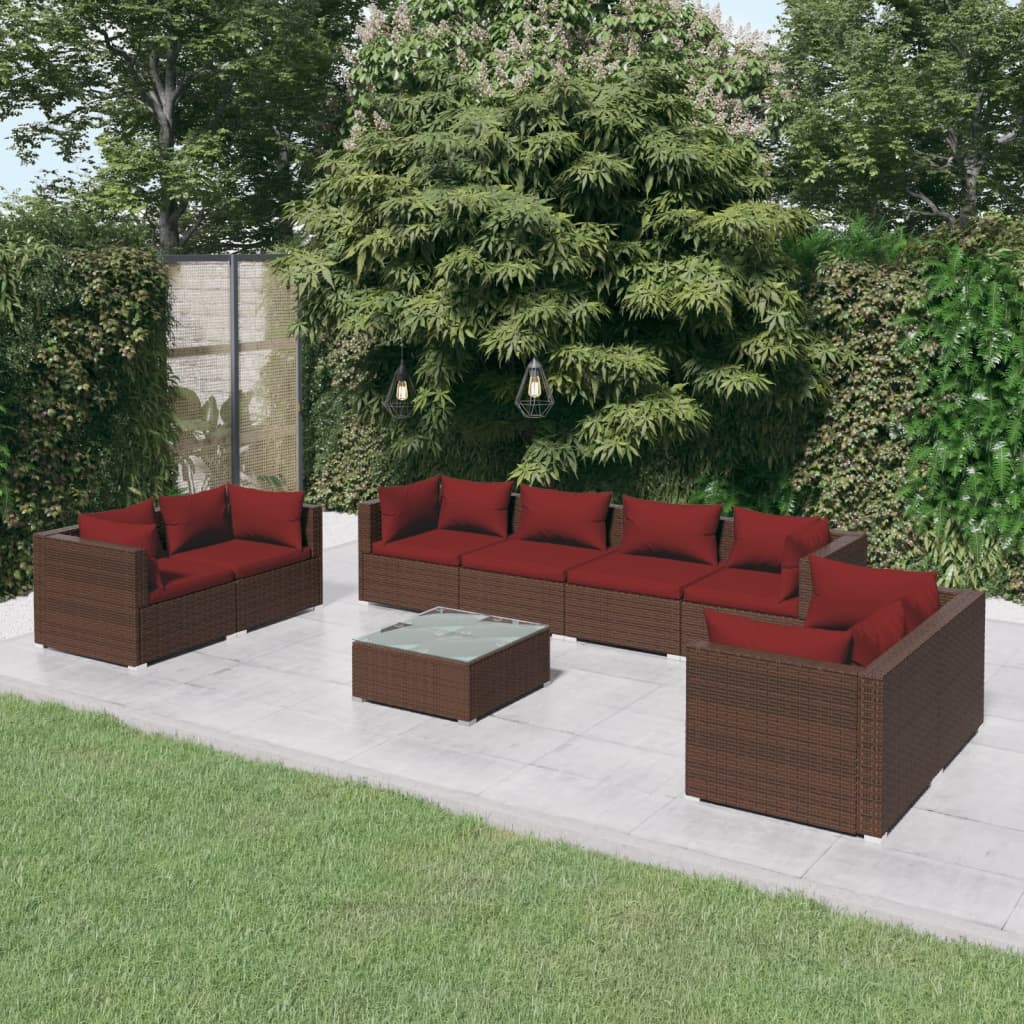 Vetonek Set muebles de jardín 9 piezas y cojines ratán sintético marrón