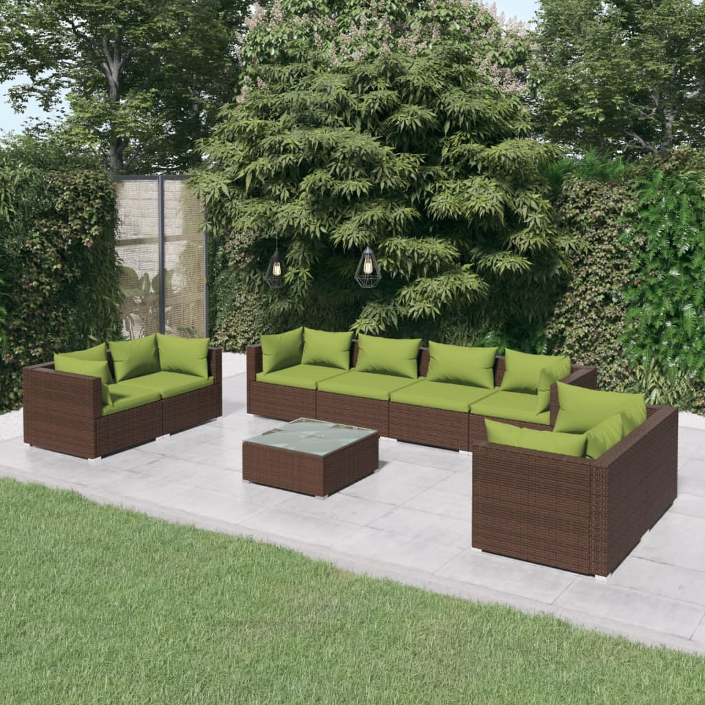 Vetonek Set muebles de jardín 9 piezas y cojines ratán sintético marrón