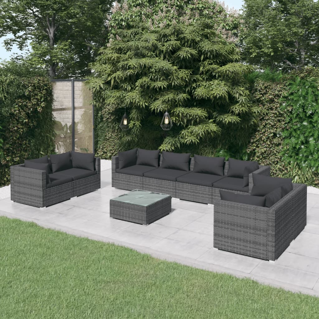 Vetonek Set de muebles de jardín 9 pzas y cojines ratán sintético gris