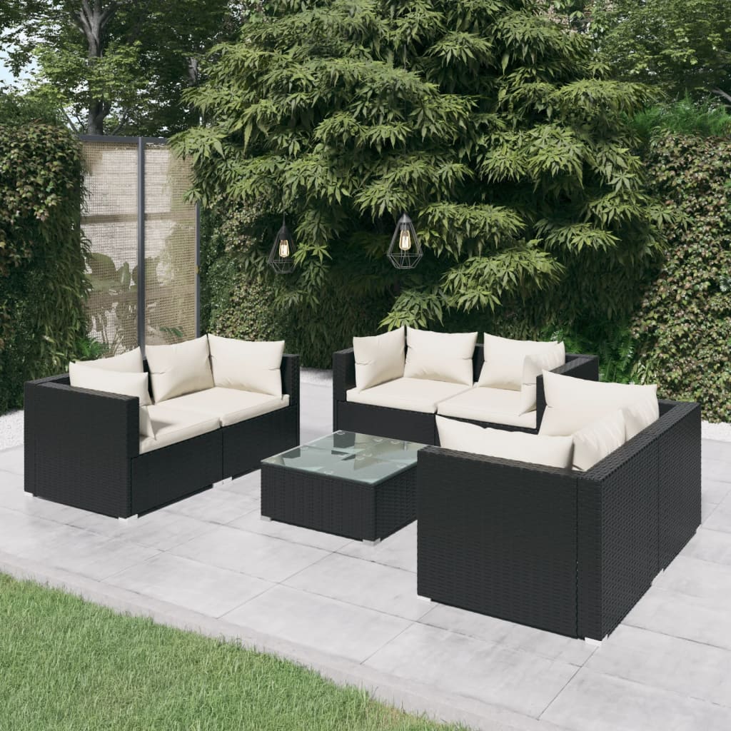 Vetonek Set de muebles de jardín 7 pzas y cojines ratán sintético negro