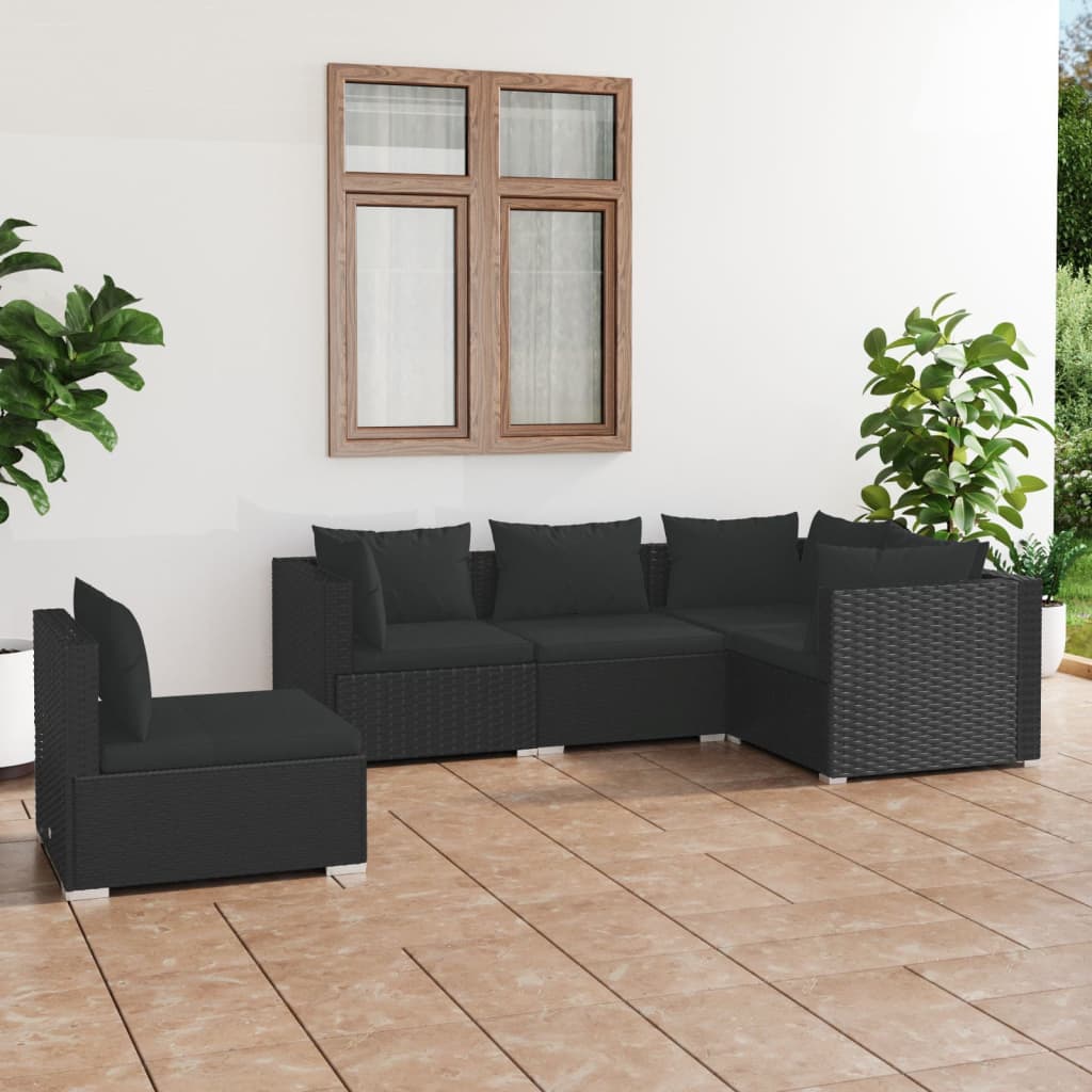 Vetonek Set de muebles de jardín 5 pzas y cojines ratán sintético negro