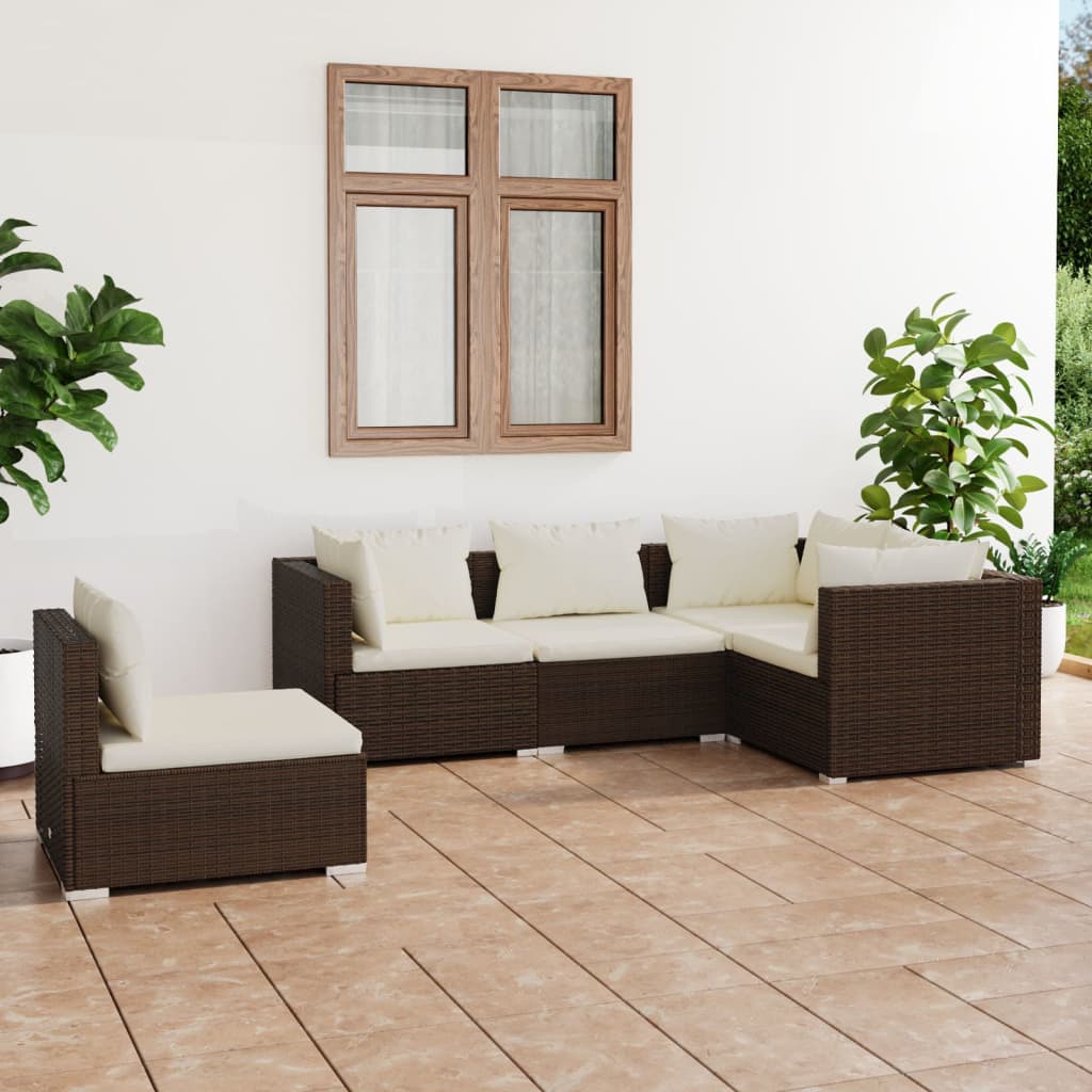 Vetonek Set muebles de jardín 5 piezas y cojines ratán sintético marrón