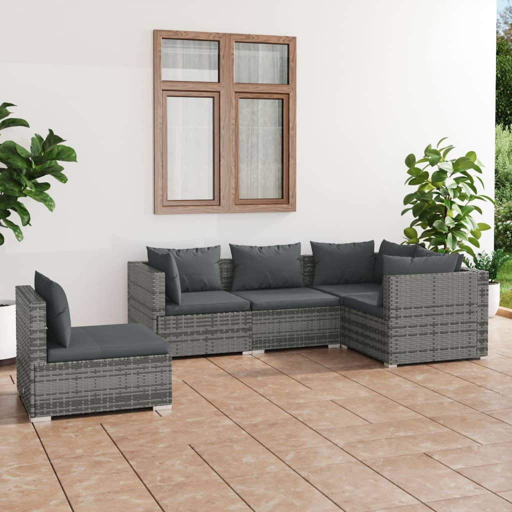 Vetonek Set de muebles de jardín 5 pzas y cojines ratán sintético gris