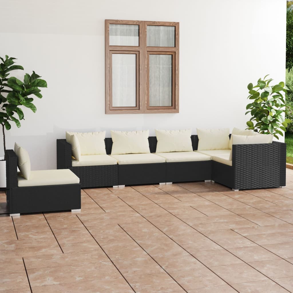 Vetonek Set de muebles de jardín 6 pzas y cojines ratán sintético negro