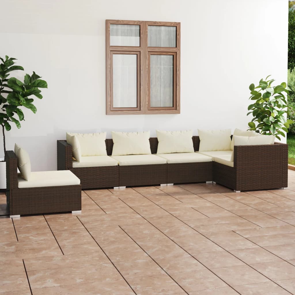 Vetonek Set muebles de jardín 6 piezas y cojines ratán sintético marrón