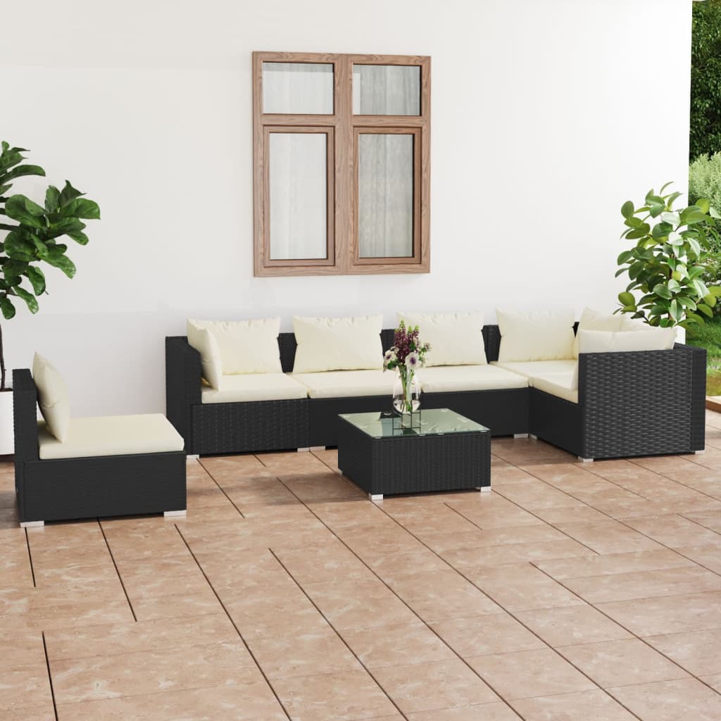 Vetonek Set de muebles de jardín 7 pzas y cojines ratán sintético negro