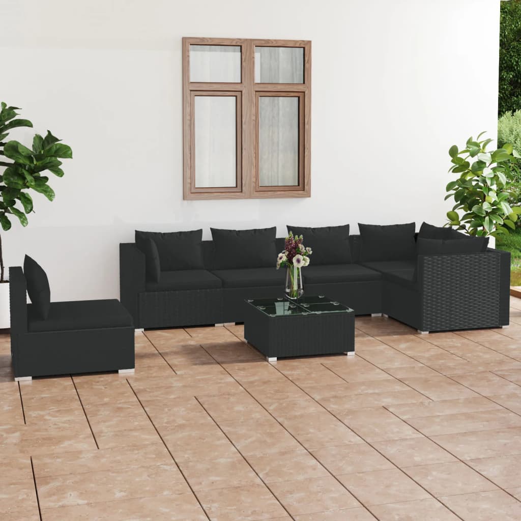 Vetonek Set de muebles de jardín 7 pzas y cojines ratán sintético negro