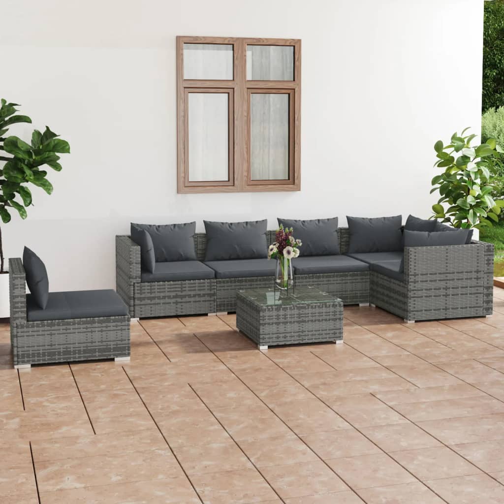 Vetonek Set de muebles de jardín 7 pzas y cojines ratán sintético gris