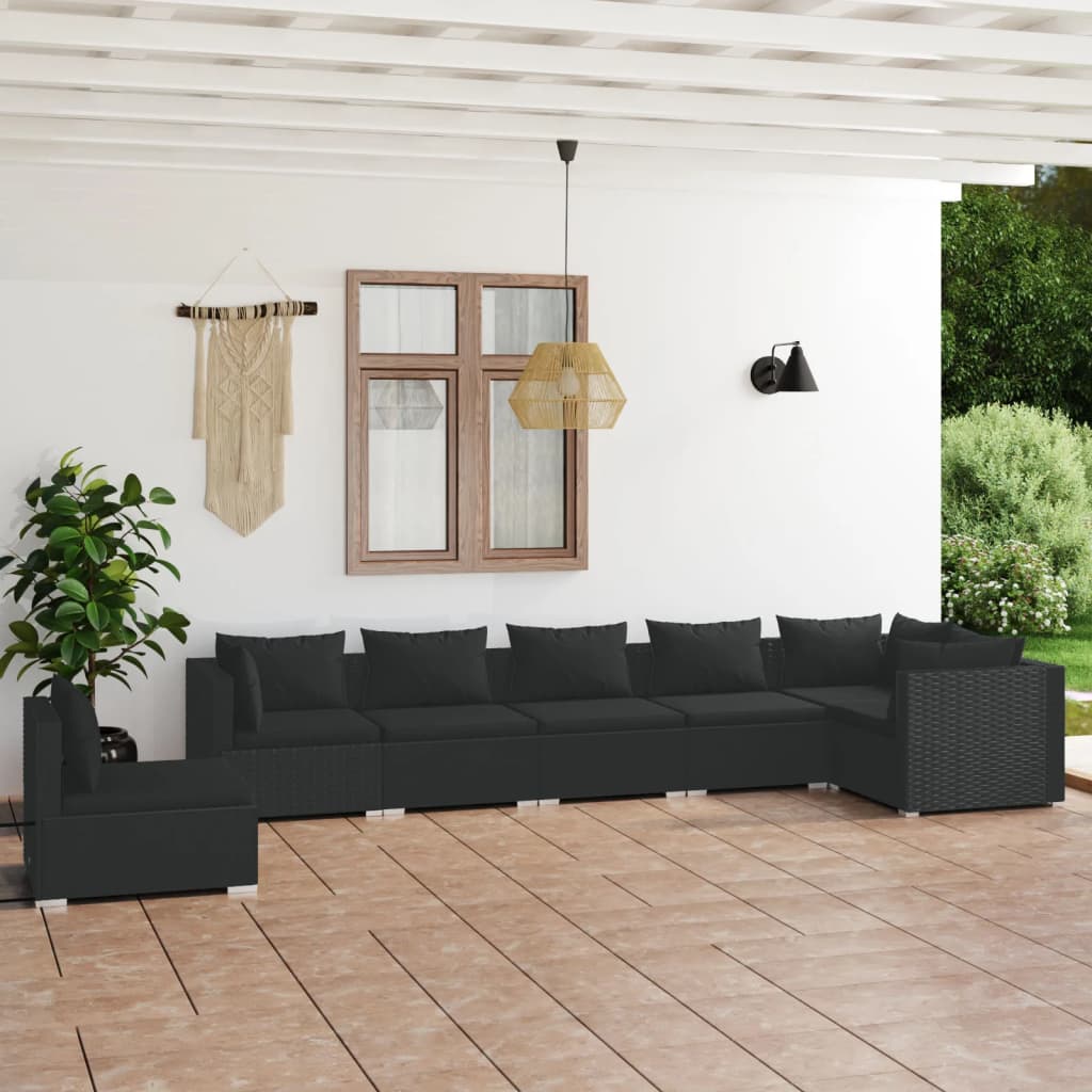 Vetonek Set de muebles de jardín 7 pzas y cojines ratán sintético negro