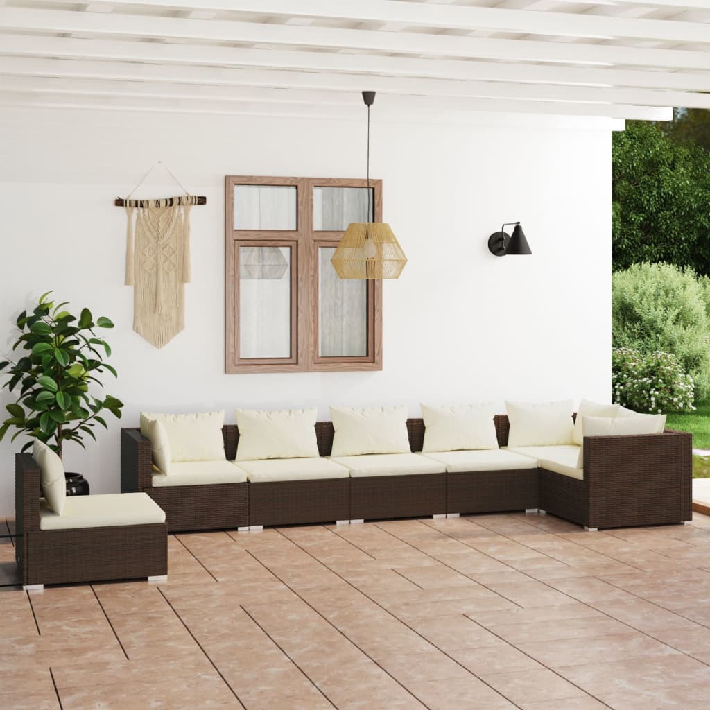 Set muebles de jardín 7 piezas y cojines ratán sintético marrón