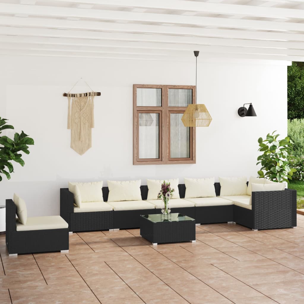 Vetonek Set de muebles de jardín 8 pzas y cojines ratán sintético negro