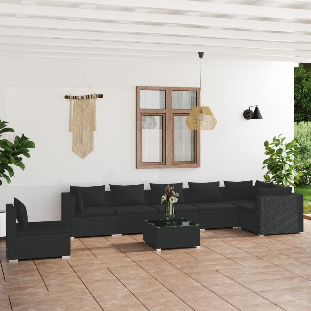 Vetonek Set de muebles de jardín 8 pzas y cojines ratán sintético negro