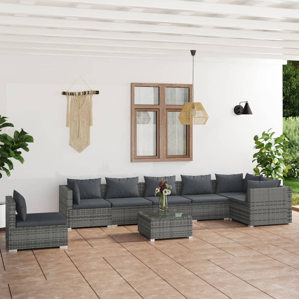 Vetonek Set de muebles de jardín 8 pzas y cojines ratán sintético gris