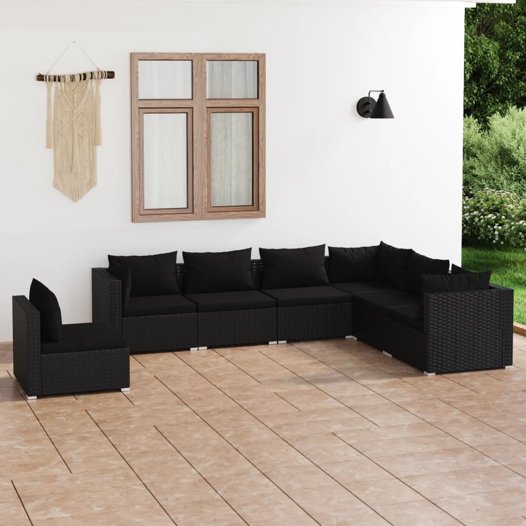 Vetonek Set de muebles de jardín 7 pzas y cojines ratán sintético negro