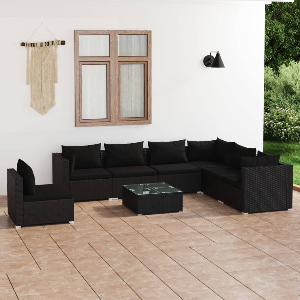 Vetonek Set de muebles de jardín 8 pzas y cojines ratán sintético negro