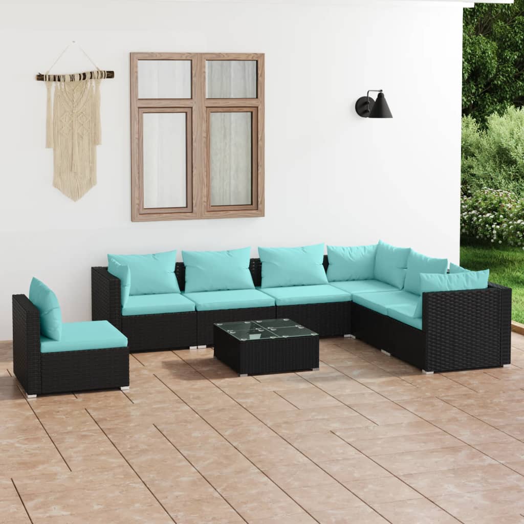 Vetonek Set de muebles de jardín 8 pzas y cojines ratán sintético negro