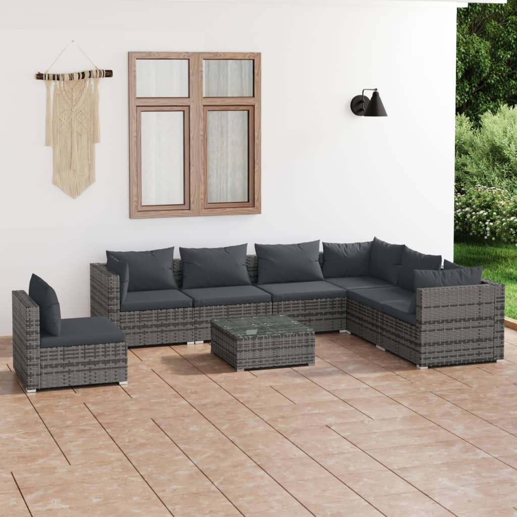 Vetonek Set de muebles de jardín 8 pzas y cojines ratán sintético gris