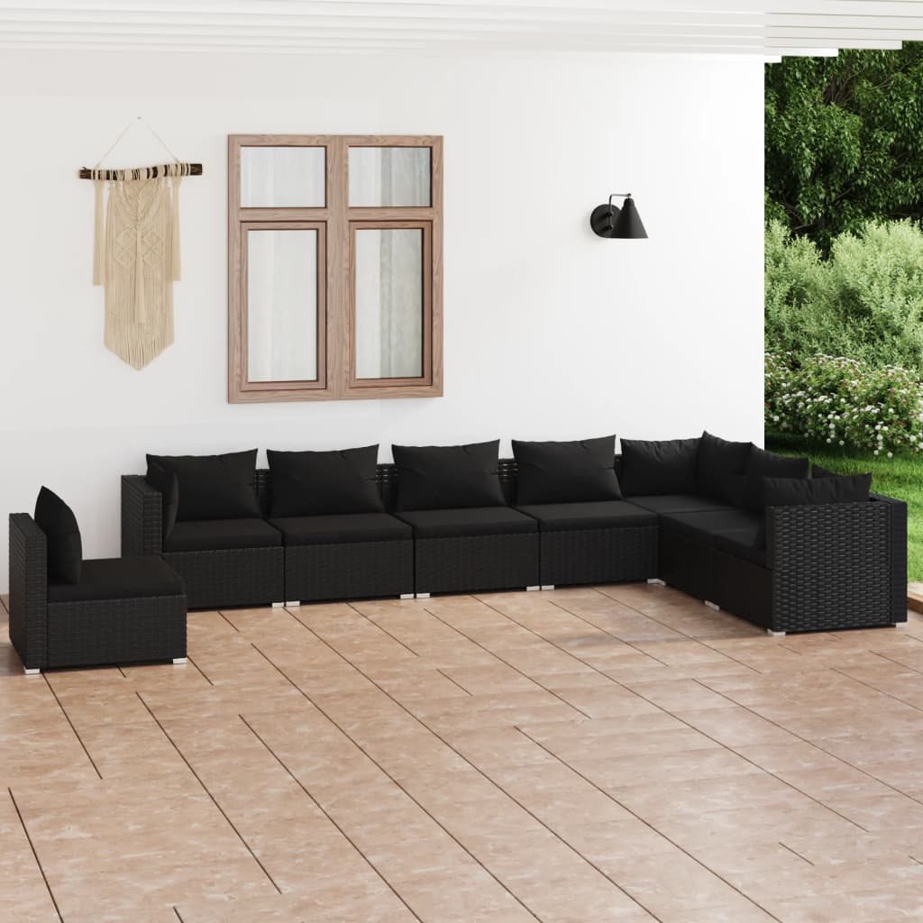 Vetonek Set de muebles de jardín 8 pzas y cojines ratán sintético negro