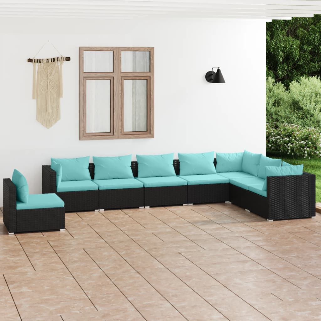 Vetonek Set de muebles de jardín 8 pzas y cojines ratán sintético negro