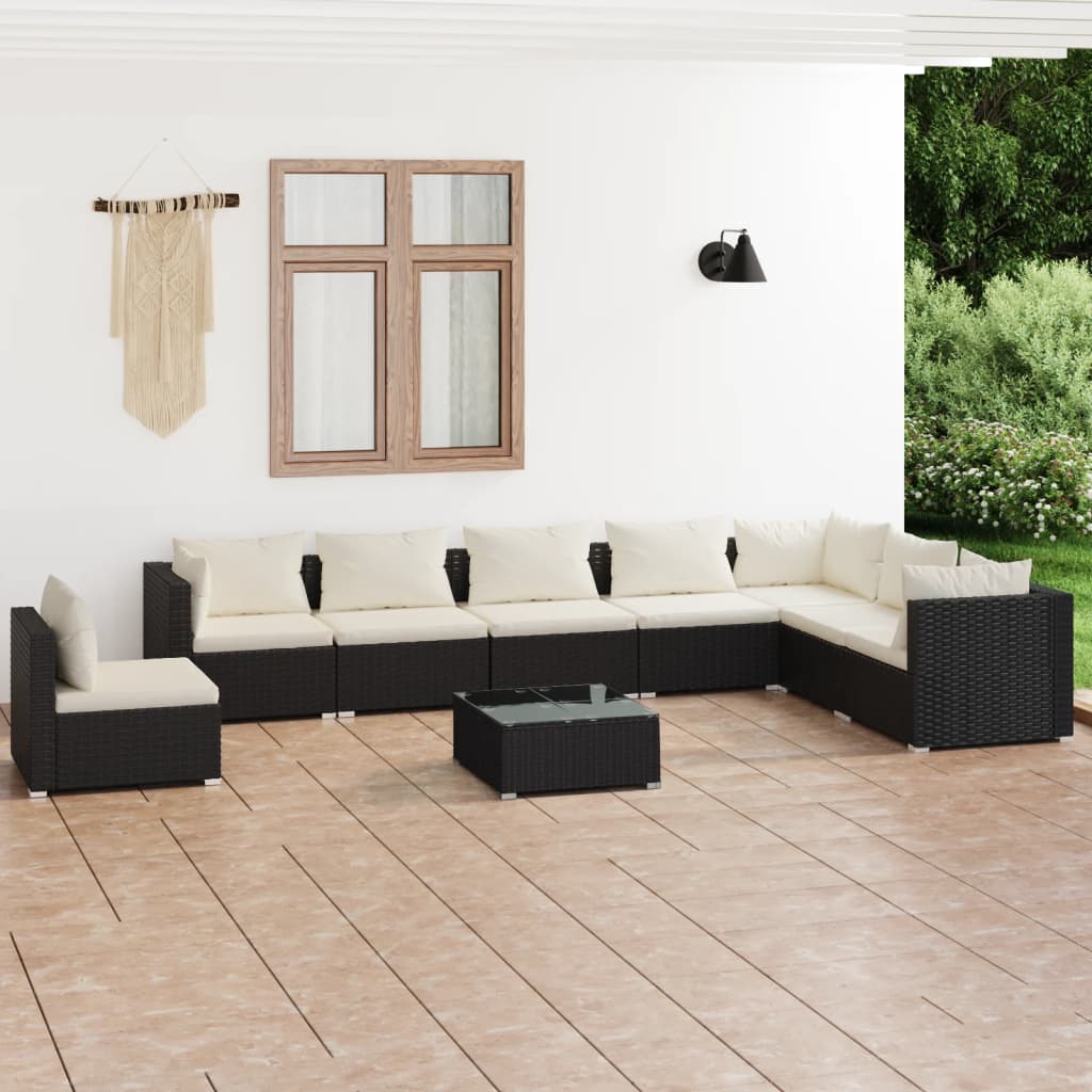 Vetonek Set muebles de jardín 9 pzas y cojines ratán sintético negro