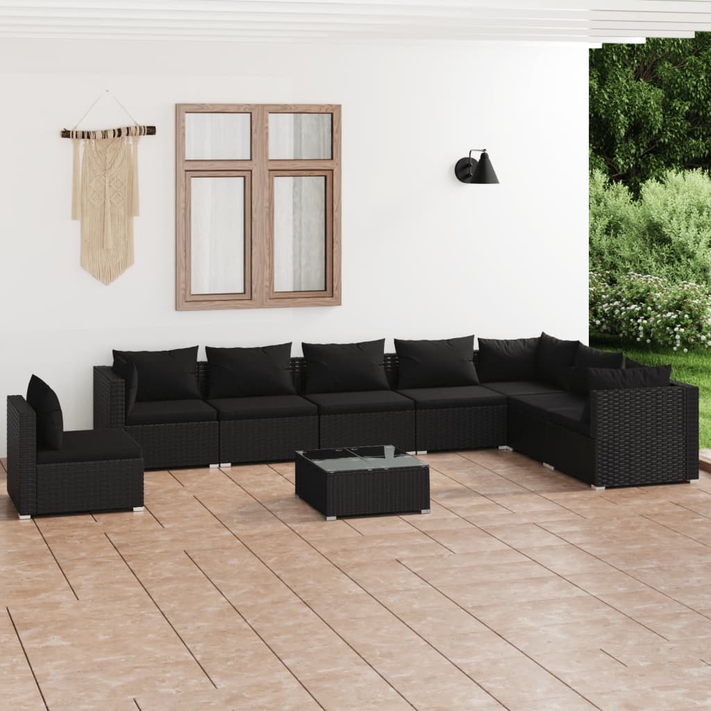 Vetonek Set de muebles de jardín 9 pzas y cojines ratán sintético negro