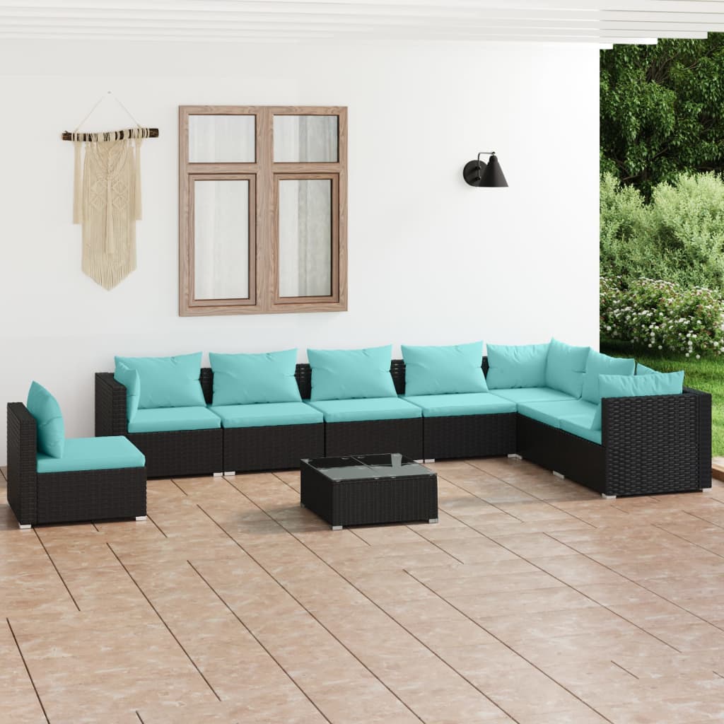 Vetonek Set de muebles de jardín 9 pzas y cojines ratán sintético negro