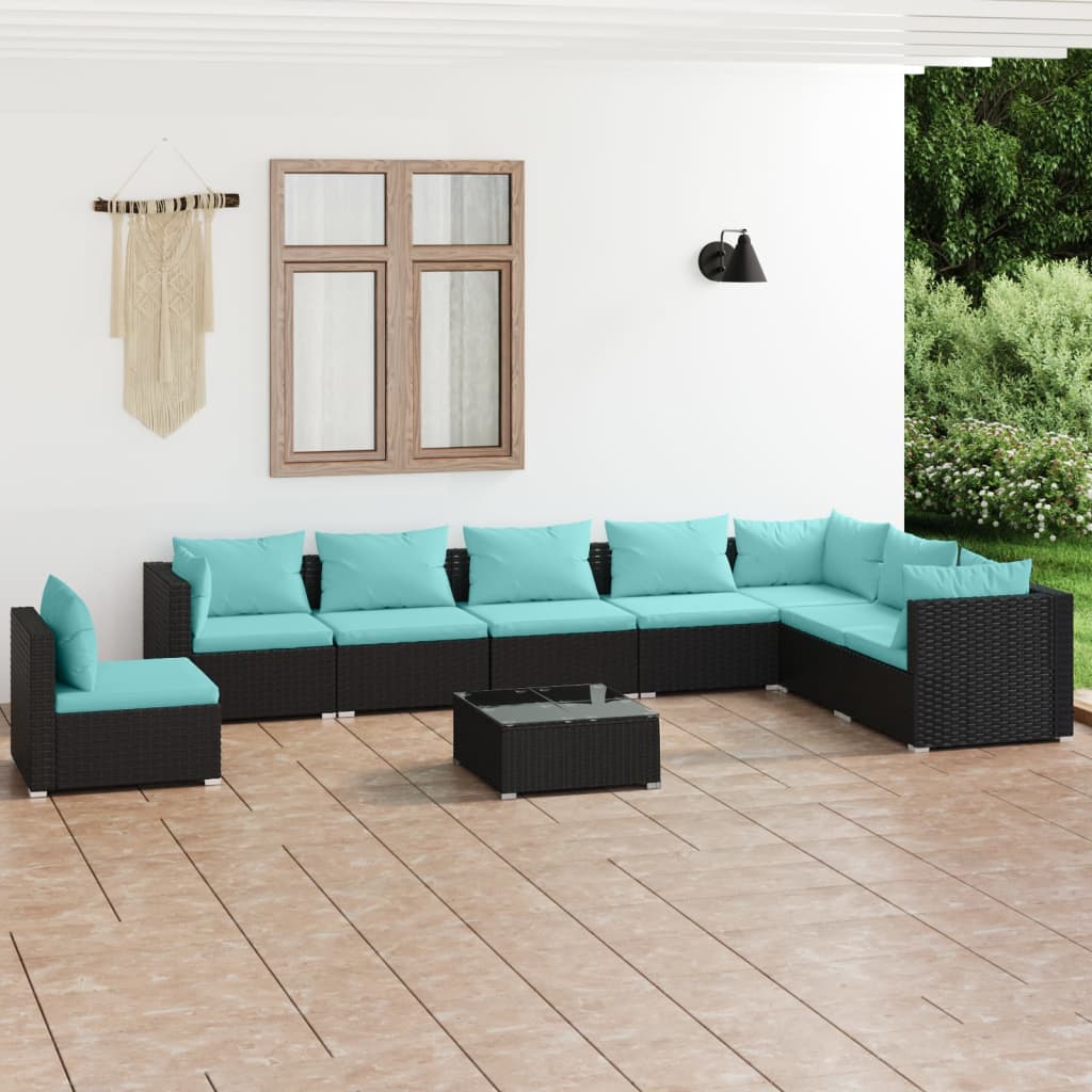 Set de muebles de jardín 9 pzas y cojines ratán sintético negro v0810 Vetonek