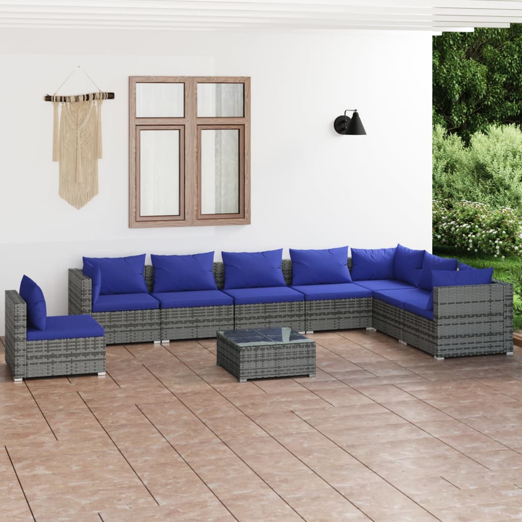 Vetonek Set de muebles de jardín 9 pzas y cojines ratán sintético gris