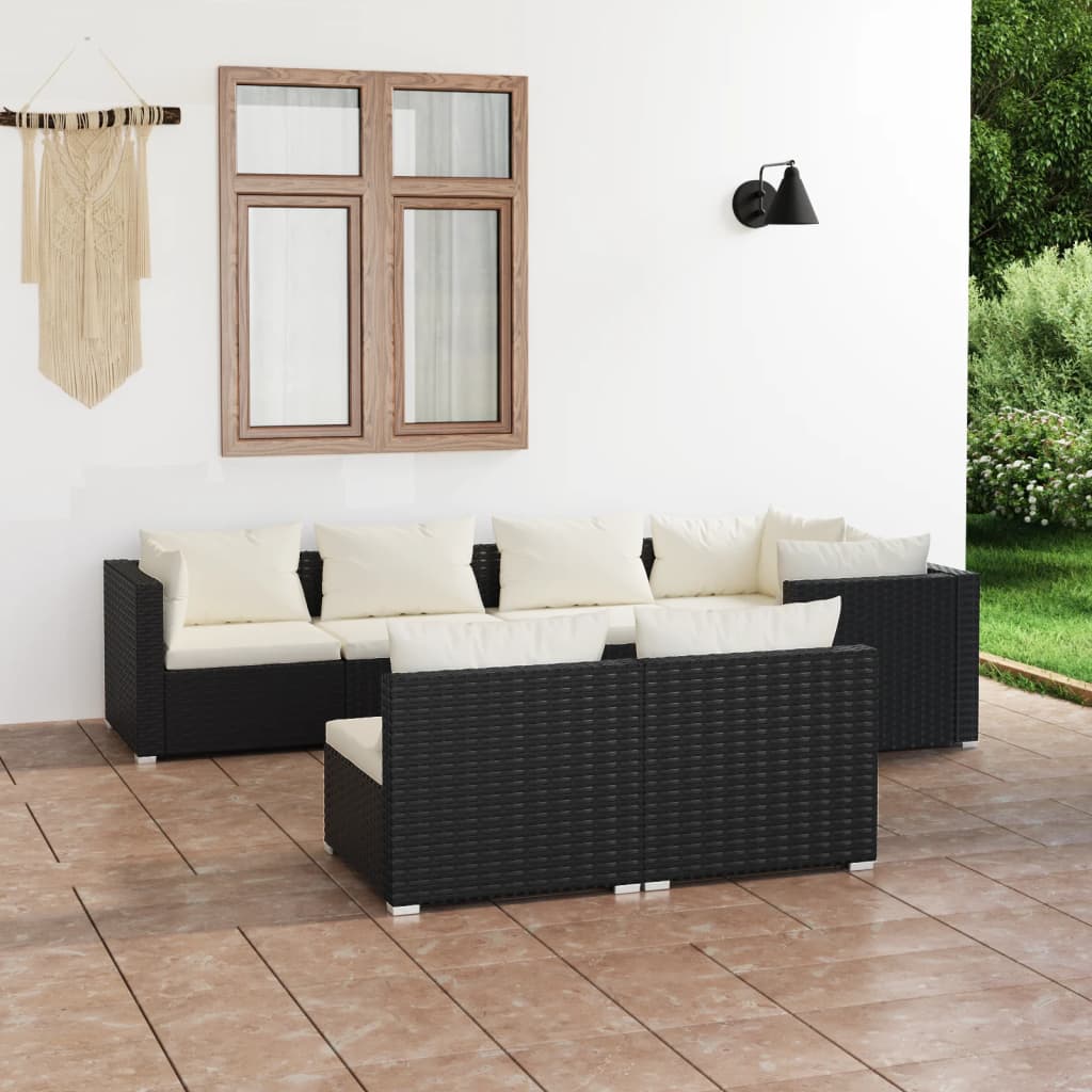 Vetonek Set de muebles de jardín 7 pzas y cojines ratán sintético negro