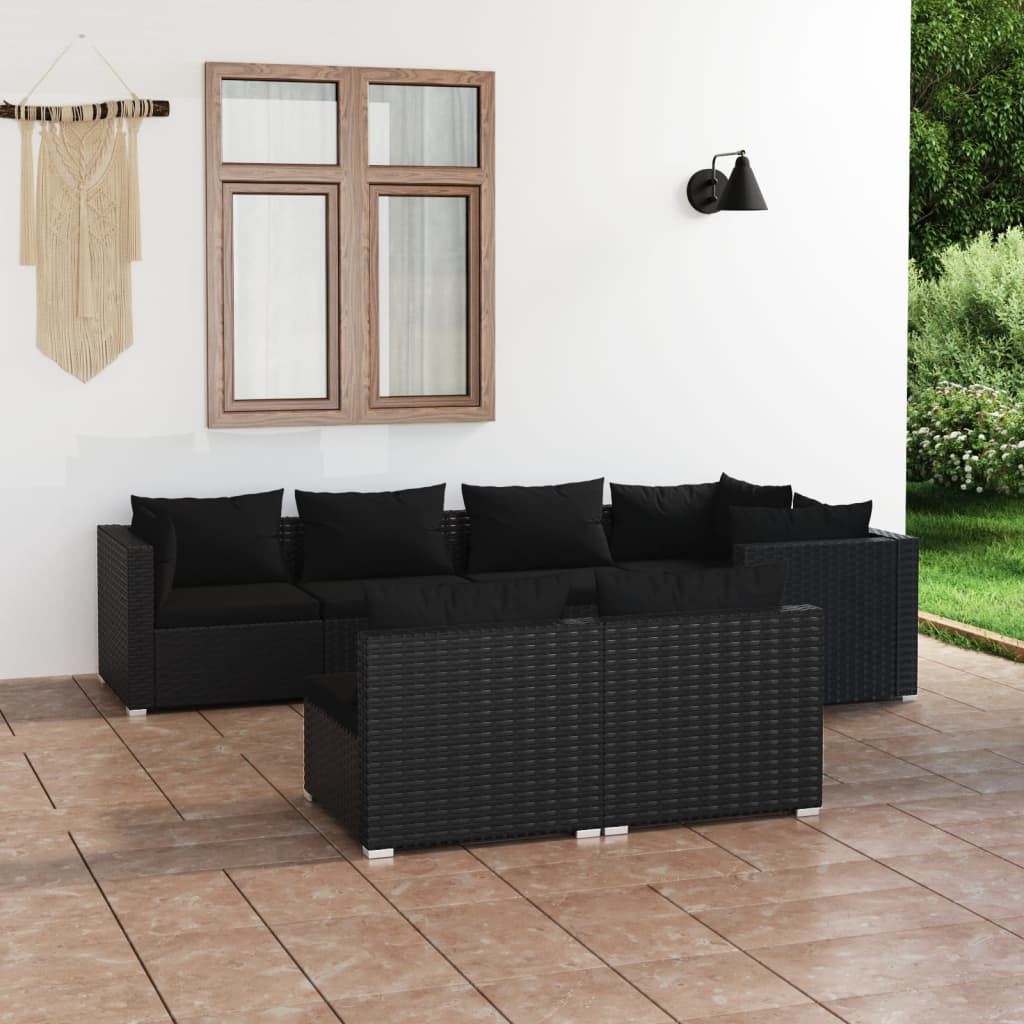 Vetonek Set de muebles de jardín 7 pzas y cojines ratán sintético negro