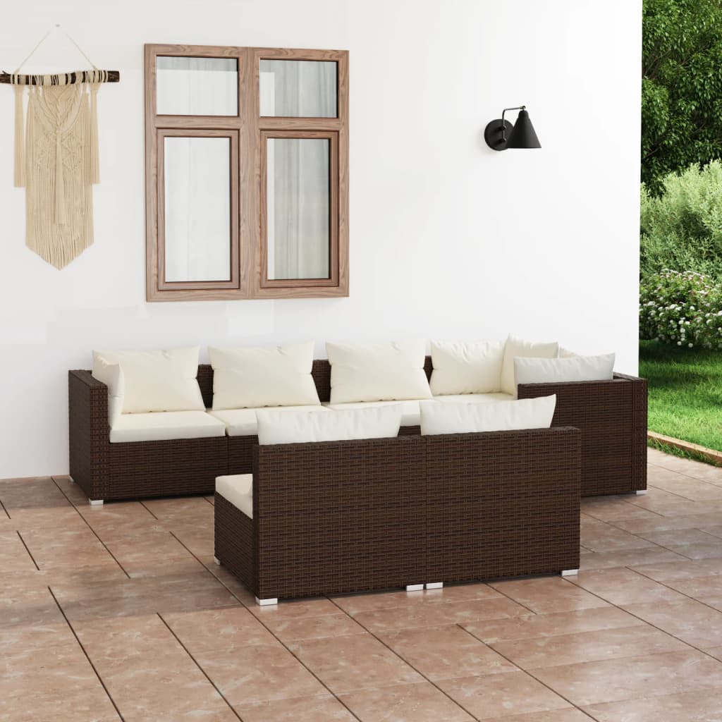 Vetonek Set muebles de jardín 7 piezas y cojines ratán sintético marrón