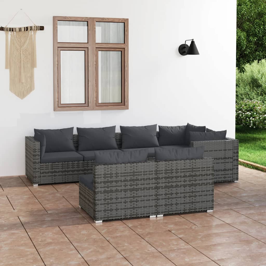 Vetonek Set de muebles de jardín 7 pzas y cojines ratán sintético gris