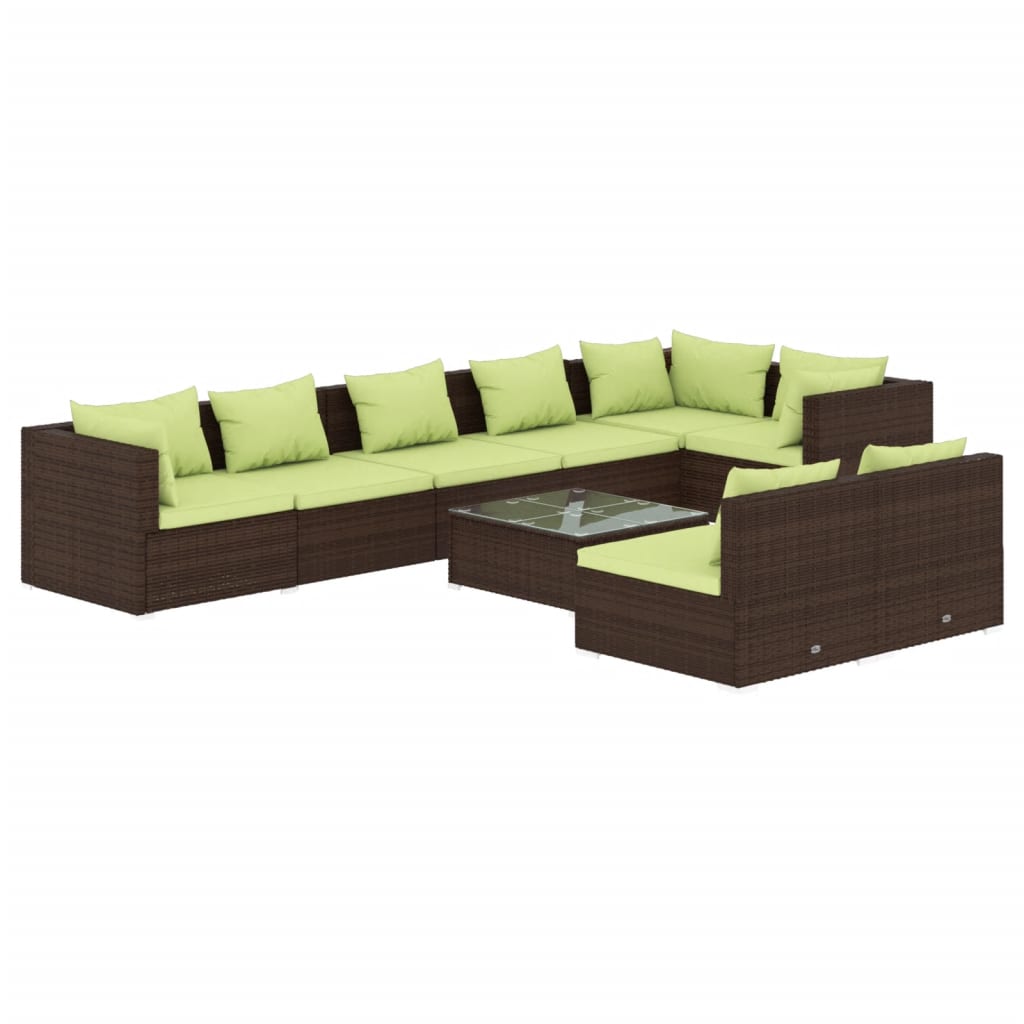 Set muebles de jardín 9 piezas y cojines ratán sintético marrón