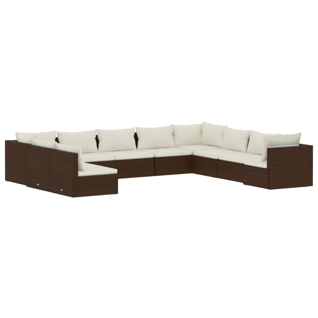 Set muebles de jardín 10 pzas y cojines ratán sintético marrón