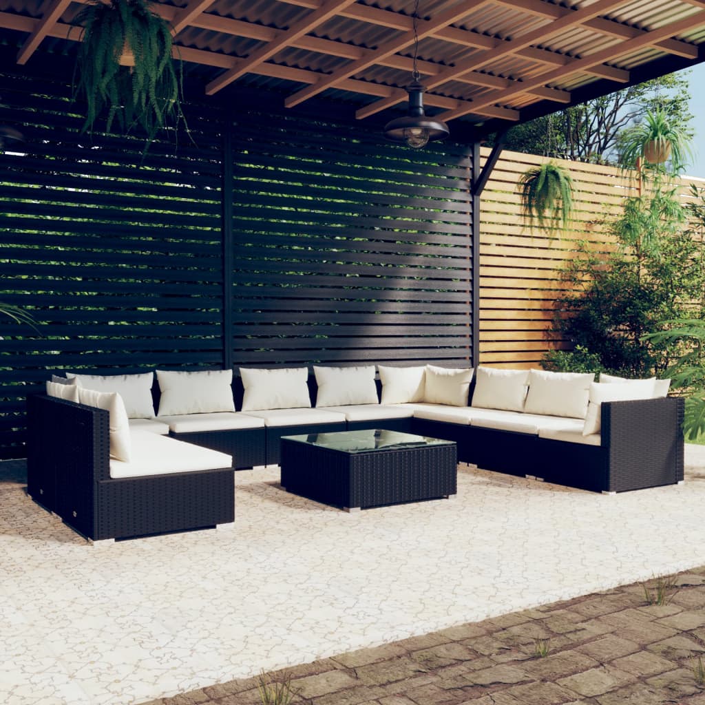 Vetonek Set muebles de jardín 11 pzas y cojines ratán sintético negro