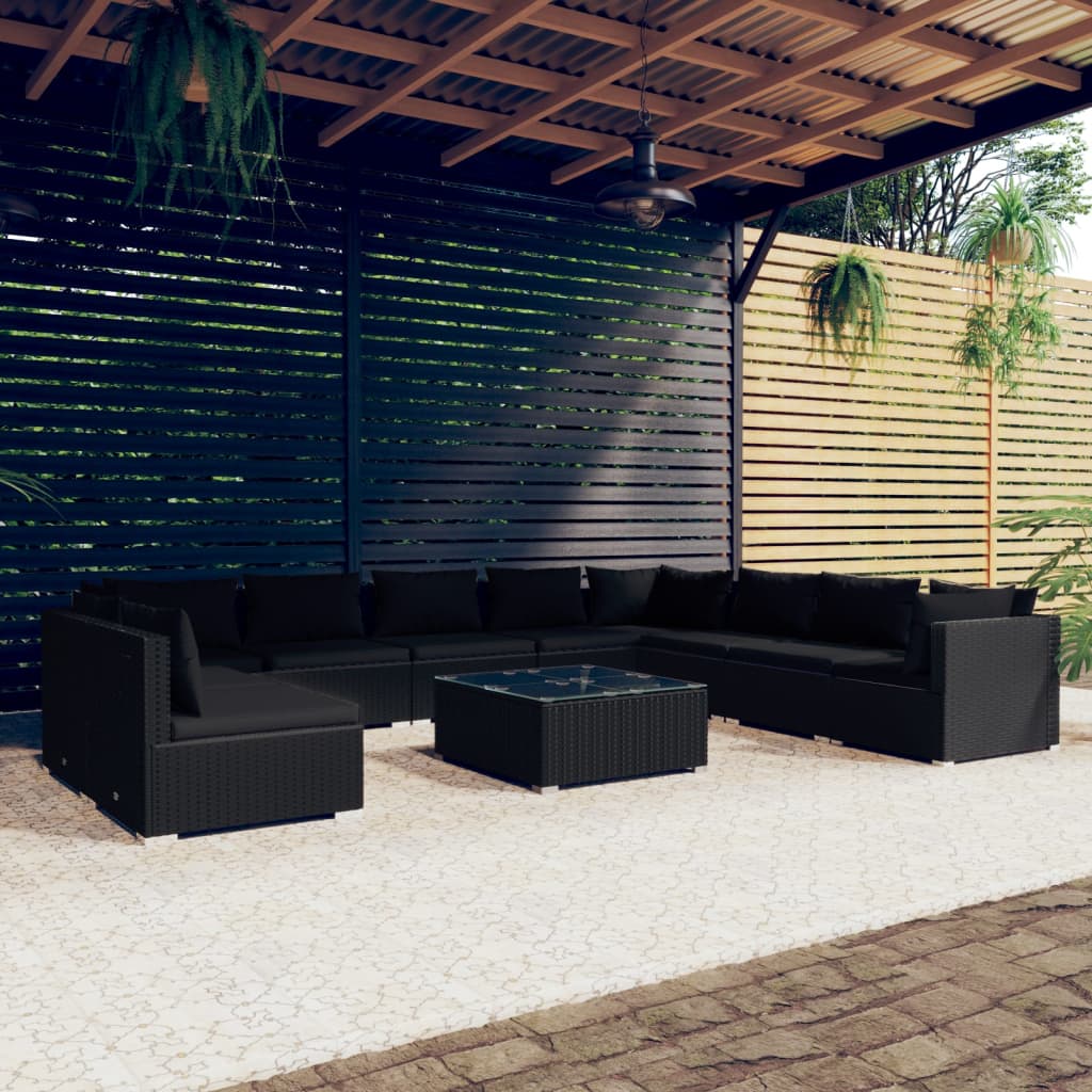 Vetonek Set muebles de jardín 11 pzas y cojines ratán sintético negro