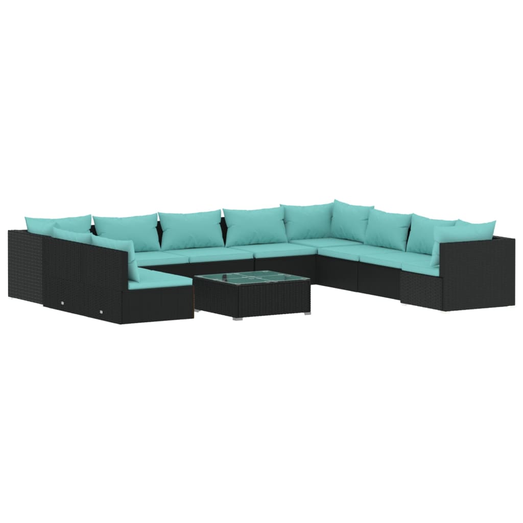 Set muebles de jardín 11 pzas y cojines ratán sintético negro