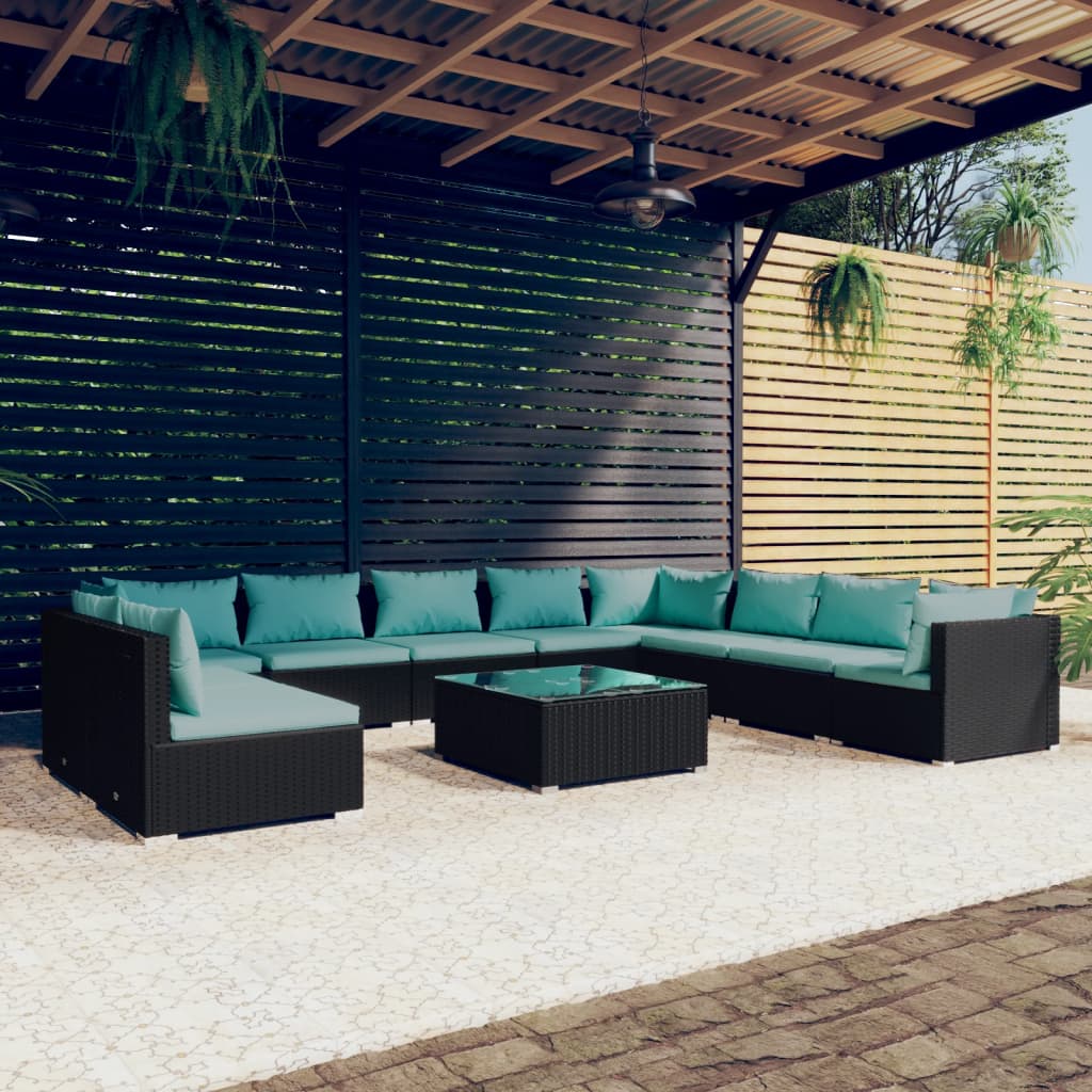 Set muebles de jardín 11 pzas y cojines ratán sintético negro