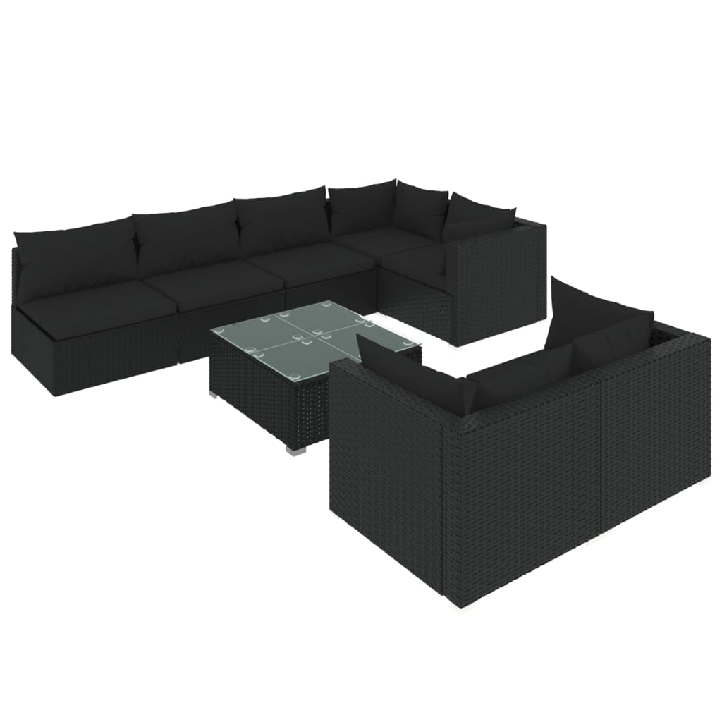 Set de muebles de jardín 8 pzas y cojines ratán sintético negro - Vetonek