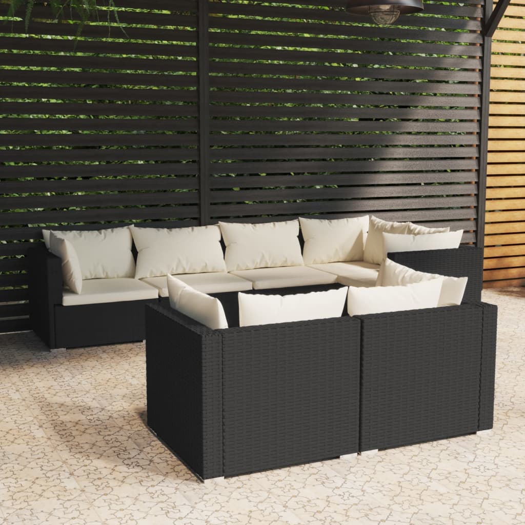 Vetonek Set de muebles de jardín y cojines 7 pzas ratán sintético negro